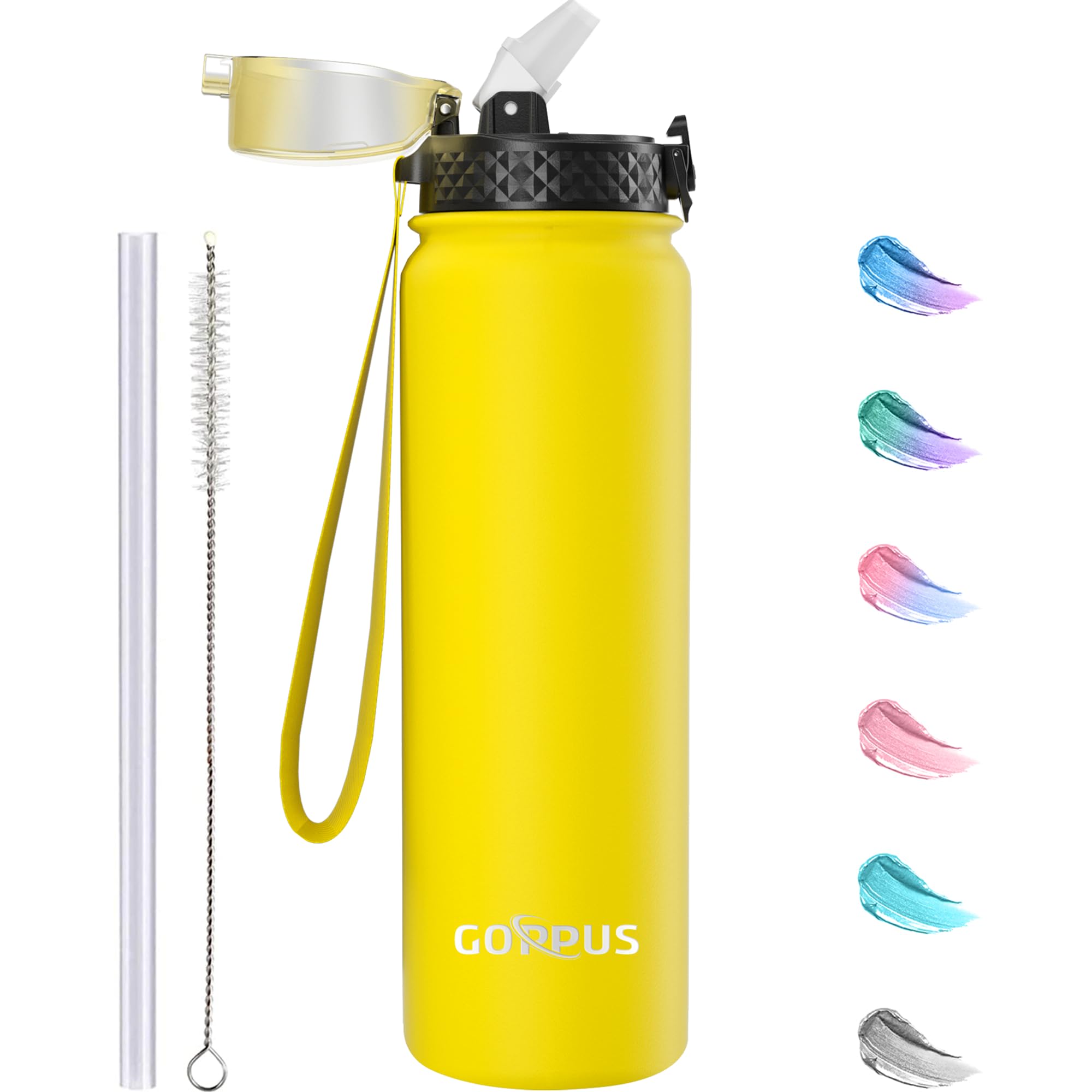 GOPPUS 1L/32oz Stainless Water Bottle with Straw Double Wall Insulated Bottles with Strap Reusable Vacuum Thermal Flask Leakproof Keep Cold Drinks Bottles with Flip Top Lid for Gym Men Women BPA Free — image 1