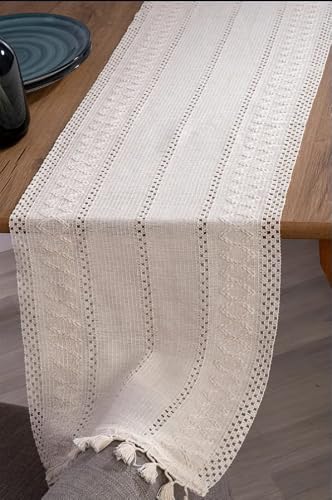 Cream Runner For Table Boho Style 100% Cotton Fabric | Easy Way To Decorate Your Home With This Modern Dining Room Table Runner With Tassels , Elegant Kitchen Table Runners Farmhouse Design 14X60 '' #TOP2