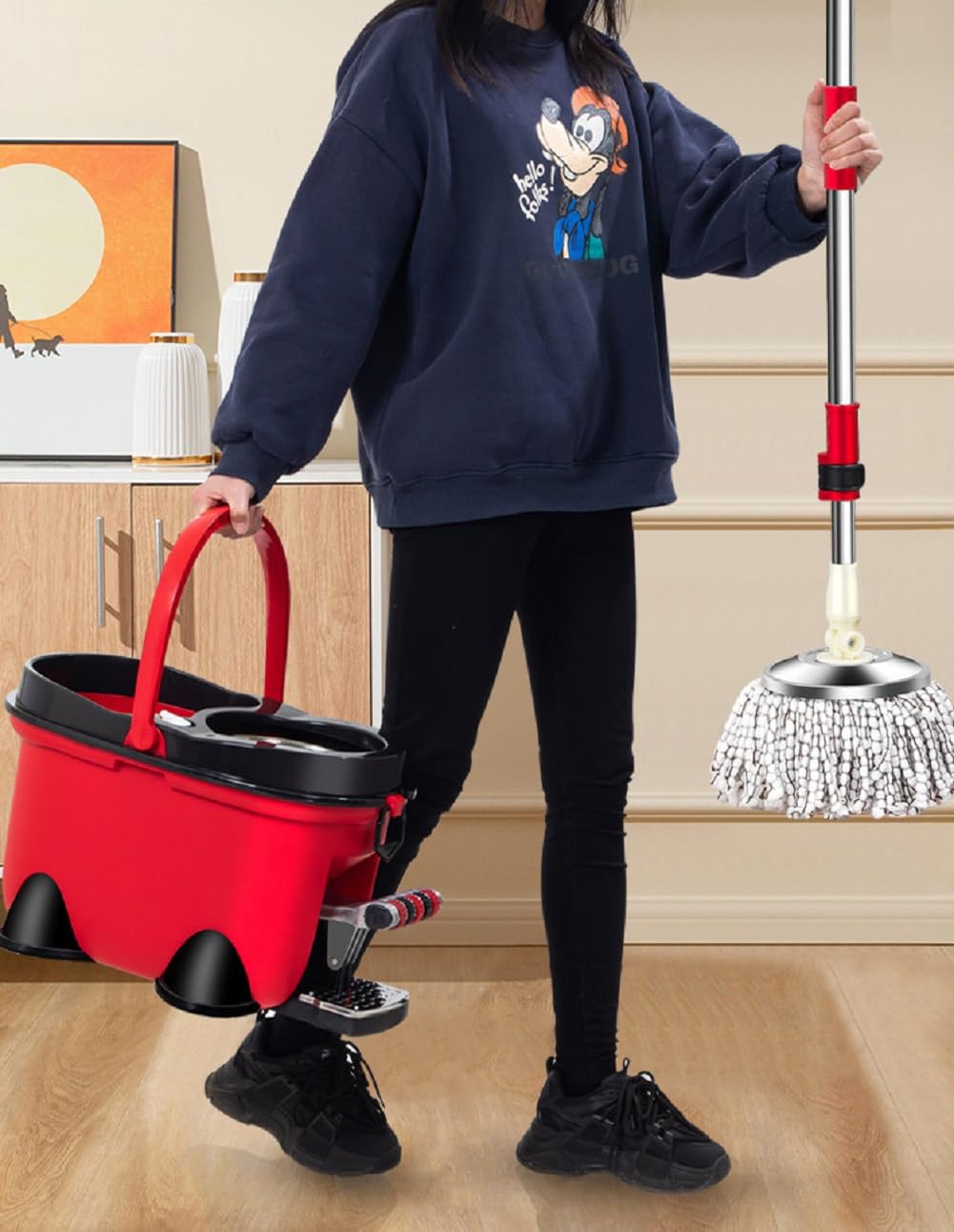 Wischmopp Set Mit Eimer Und Fußpedal, Bodenwischer Set Mit 4 Mikrofaser Bezug, Putzeimer Mit Wischmop Pedal-Schleuder, Wischmopp Komplett Set Für Bodenreinigung, Rot