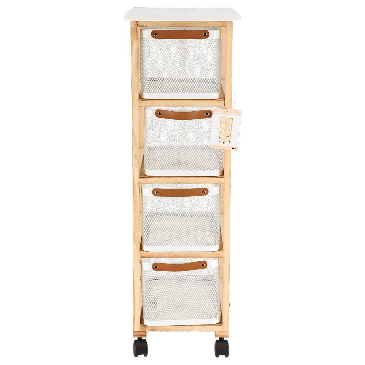 Tendance - Meuble rectangulaire bois sur roulettes 4 paniers metal - blanc/naturel