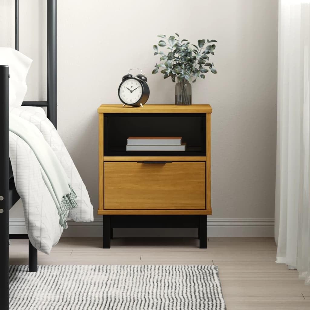 Comodino Flam 40x35x50 Cm Legno Massello Pino | Con 1 cassetto e 1 vano, maniglia in plastica, finitura rovere, assemblaggio richiesto