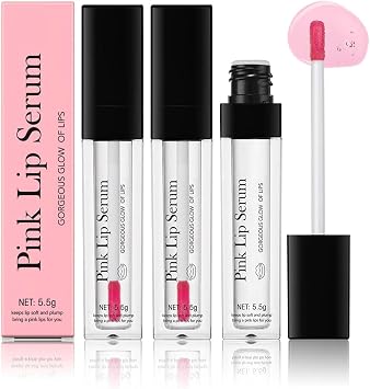 Pink Lip Serum Plumper, Natural Lip Plumper, Pink Lip Serum Gorgeous Glow of Lips, Colour Changing Lip Gloss with Plumping Effect, Moisturizing, Hydrating & Reduce Fine Lines, 5.5g 3PCS, One Size