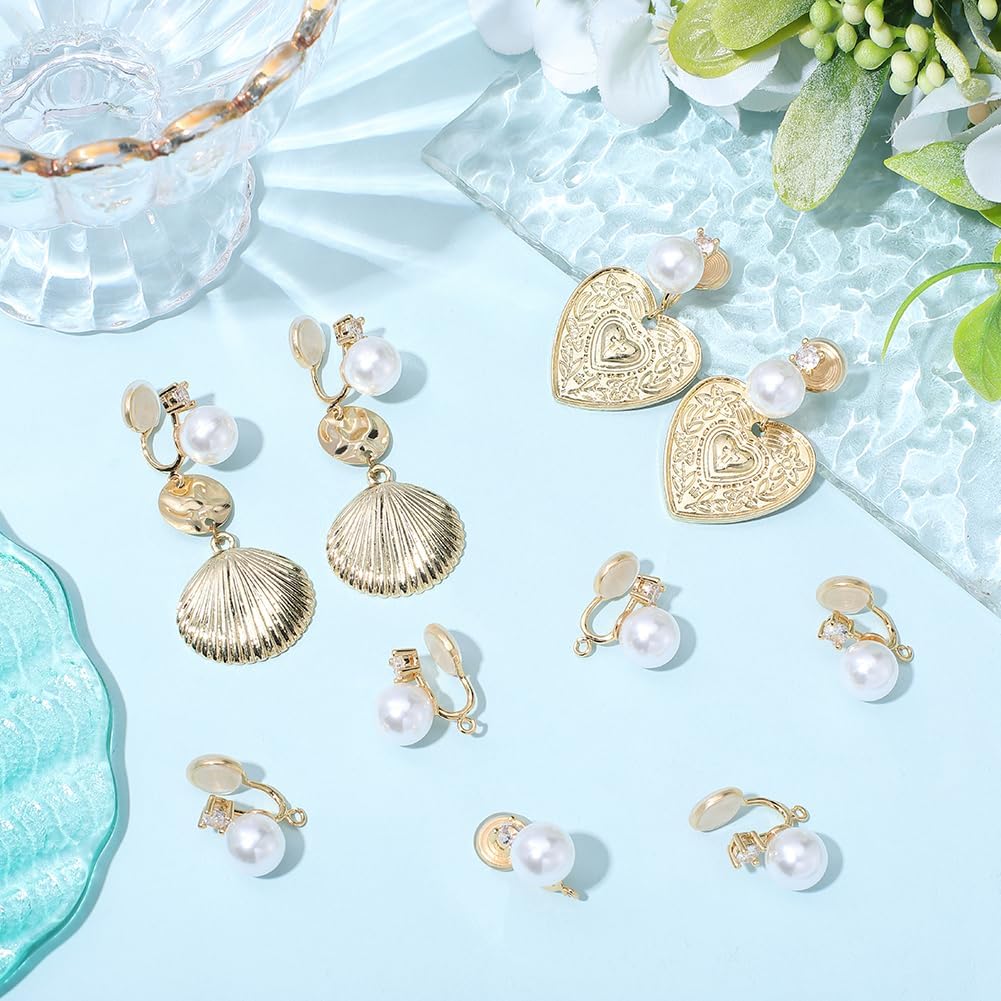 Beebeecraft 10Pcs Clip On Earring Findings, Imitation Pearl Cubic Zirconia with Loop 18K Gold Plated Earring Converter Component for Non Pierced Ears Jewelry Making