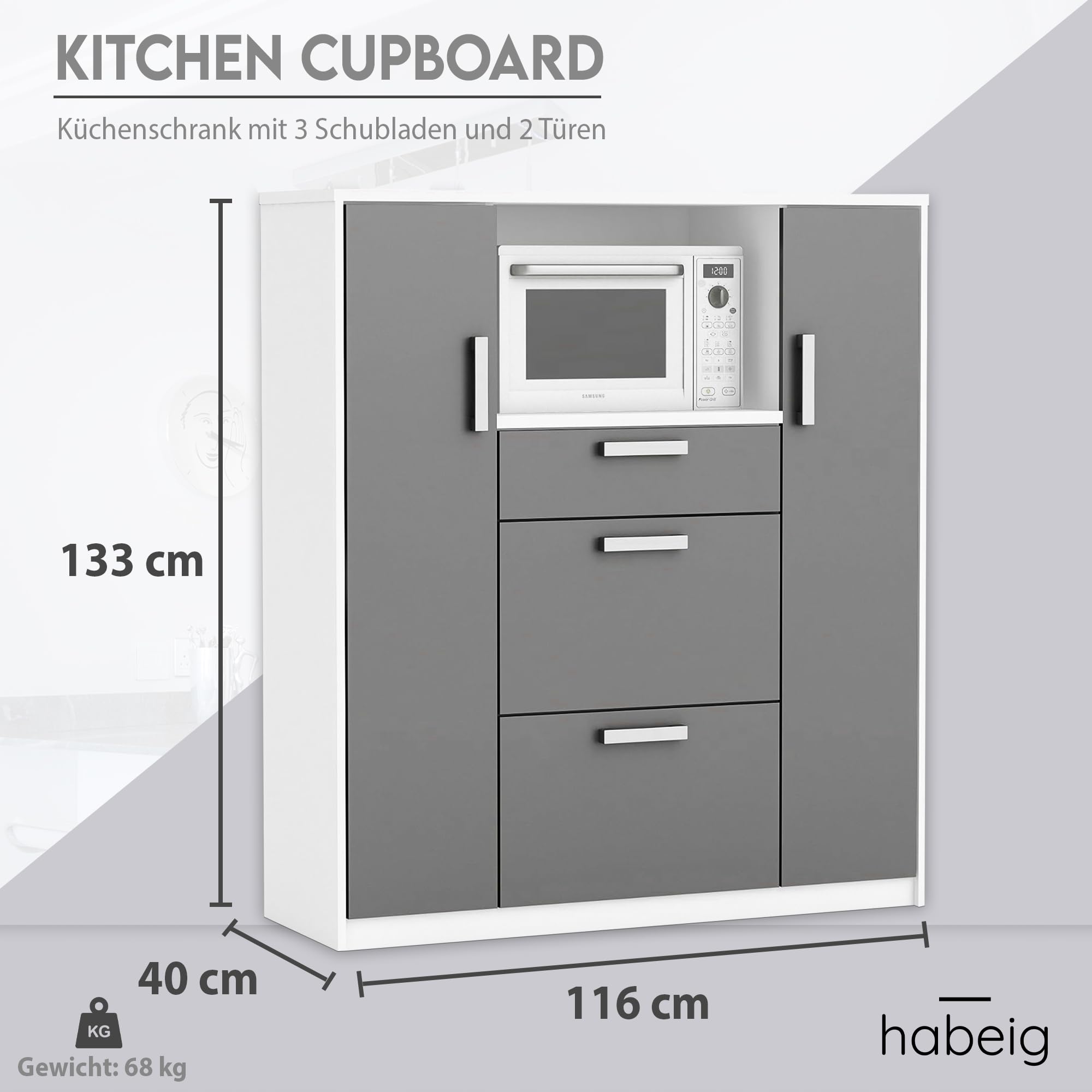 habeig Küchenschrank, küchenmöbel, Singleküche, Küchenregal, Küchenzeile, Schrank, 68kg! schwer, Küche, 40Tx116Bx133H cm, #8540