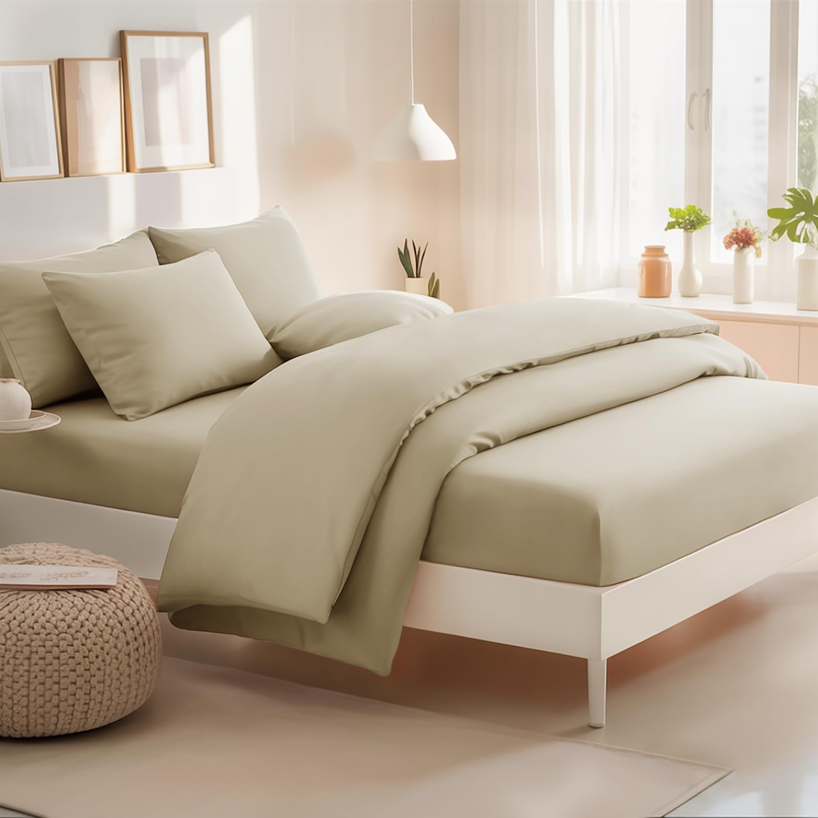 RUIKASI Bedding Double Bed Sets - 4 Piece Bedding Set Double Bed, Deep Pocket Fitted Sheet and Duvet Cover with Pillow cases, Soft Microfiber Duvet Set with Zipper, Khaki โ image 1