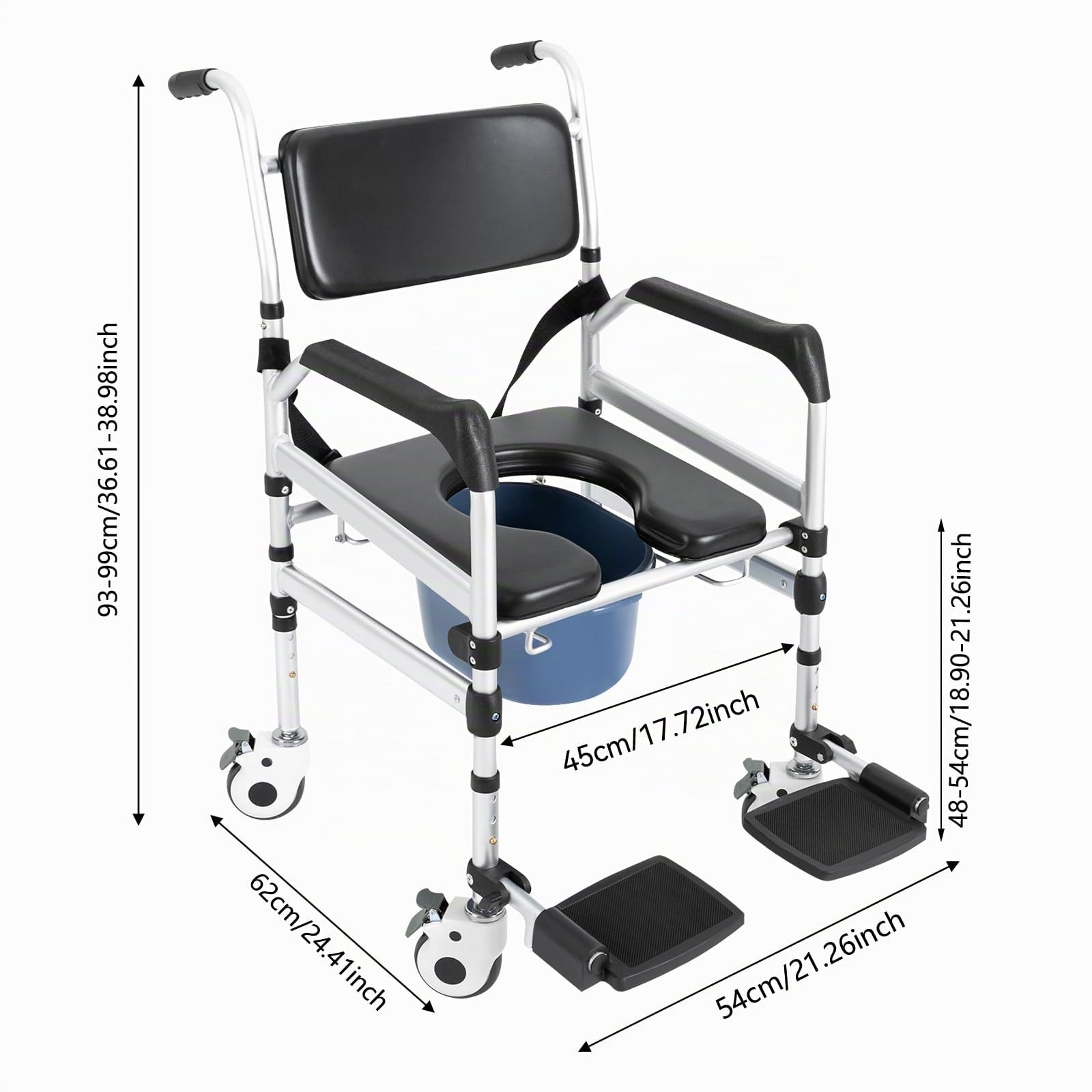 Sedia da doccia WC con ruote, regolabile, pieghevole, con secchio rimovibile, ruote per anziani e disabili