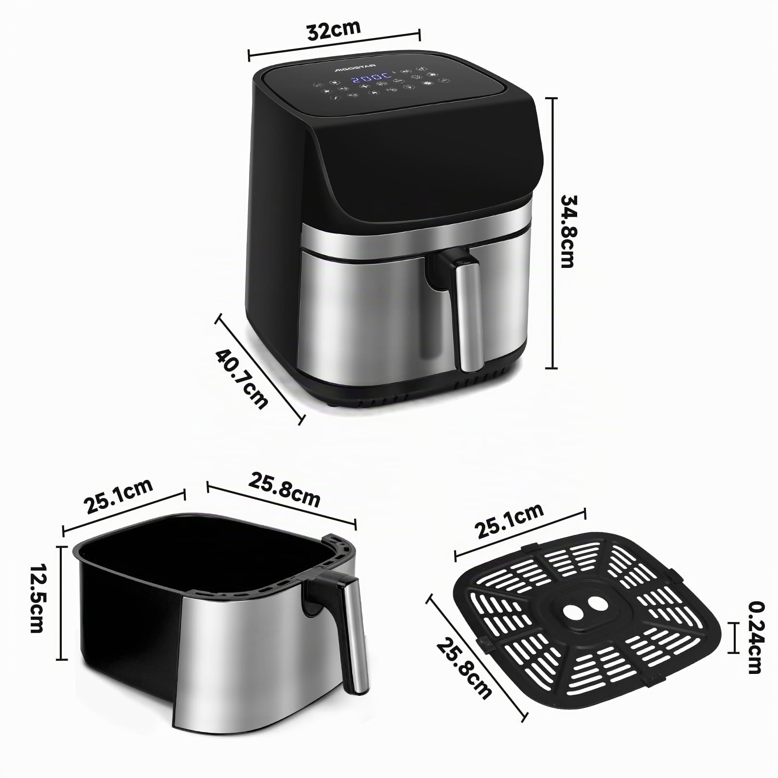 Aigostar Freidora de Aire XXL 8.8L Air Fryer 2200W, Doble Resistencia, 55% Menos Energía, Air Fryer con 13 Programas, Acero Inox Interior, Pantalla Táctil y Ventana, Comunidad Recetas, Negro