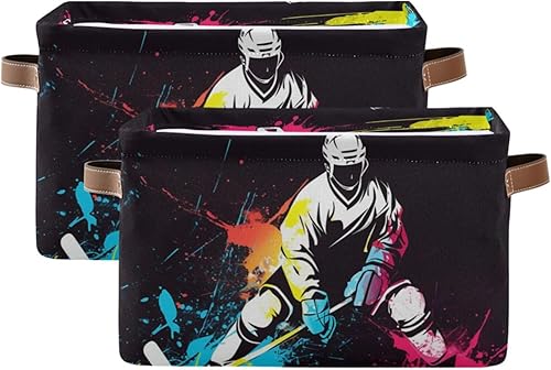 Miniatura 2 de Cesta de almacenamiento colorida para jugador de hockey de lona duradera, plegable, caja organizadora de juguetes con asas para estantes, armario,
