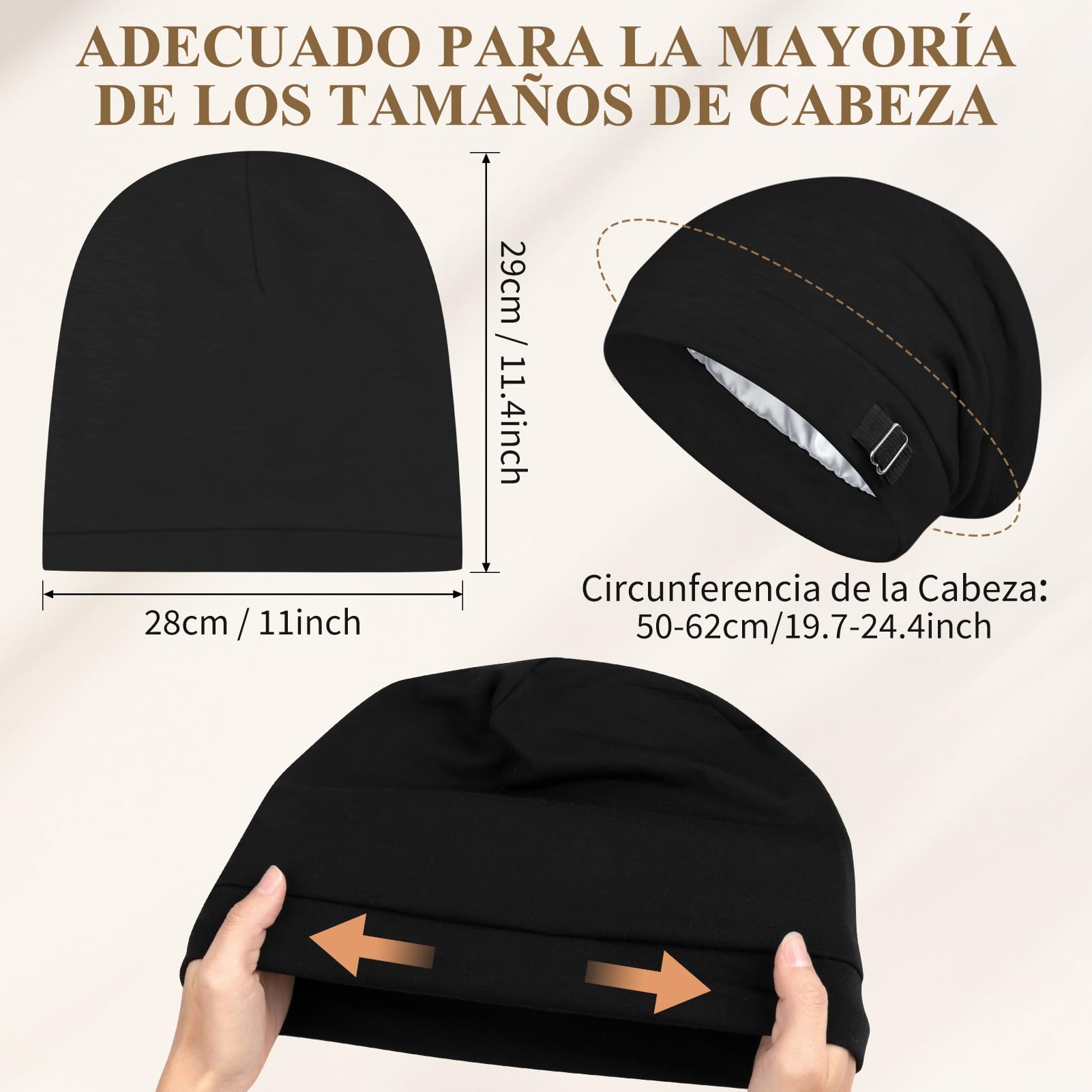 Kiiwah Gorro Satén para Dormir con Forro de Satén, Ajustable Gorro Pelo Rizado Dormir Unisex Gorro Slouch Beanie para Dormir Gorro Satin Suave Bonnet Seda para Mujeres y Hombres