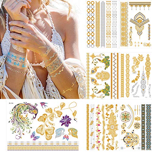Temporary Tattoos Gold Silver Glitter Henna Metallic Tattoo Stickers for Women Girls Body Hands Shoulders Back Chest Legs Boho Gold Silver Removable Tattoos 7 Large Sheets (style 2)