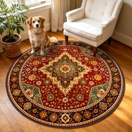 Traditional Persian Round Area Rug 4ft, Oriental Medallion Circular Rug for Living Room, Vintage Boho Red Blue Circle Rug, Non-Slip Washable Floor Carpet for Bedroom, Dining Room, Entryway Decor