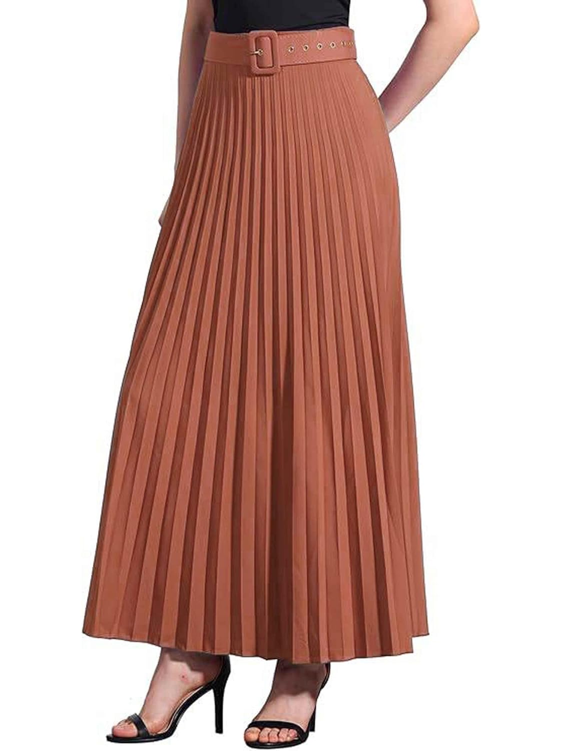 Allegra K Long Pleated Skirt for Womens Elastic High Waist with Belt Swing A-line Work Maxi Skirt
