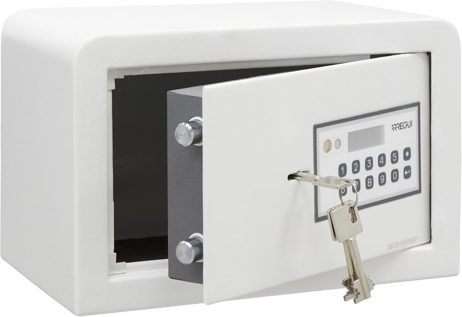 ARREGUI Magna 590010 safe with door open, showing the keypad and a key inserted.