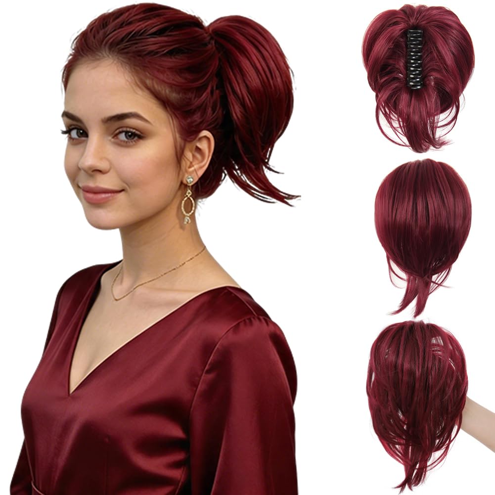Photo 1 of SECPOCPONY Claw Clip in Ponytail Extensions Short Hair Pieces for Women Messy Fake Bun Style Hairpieces (Wine Red)