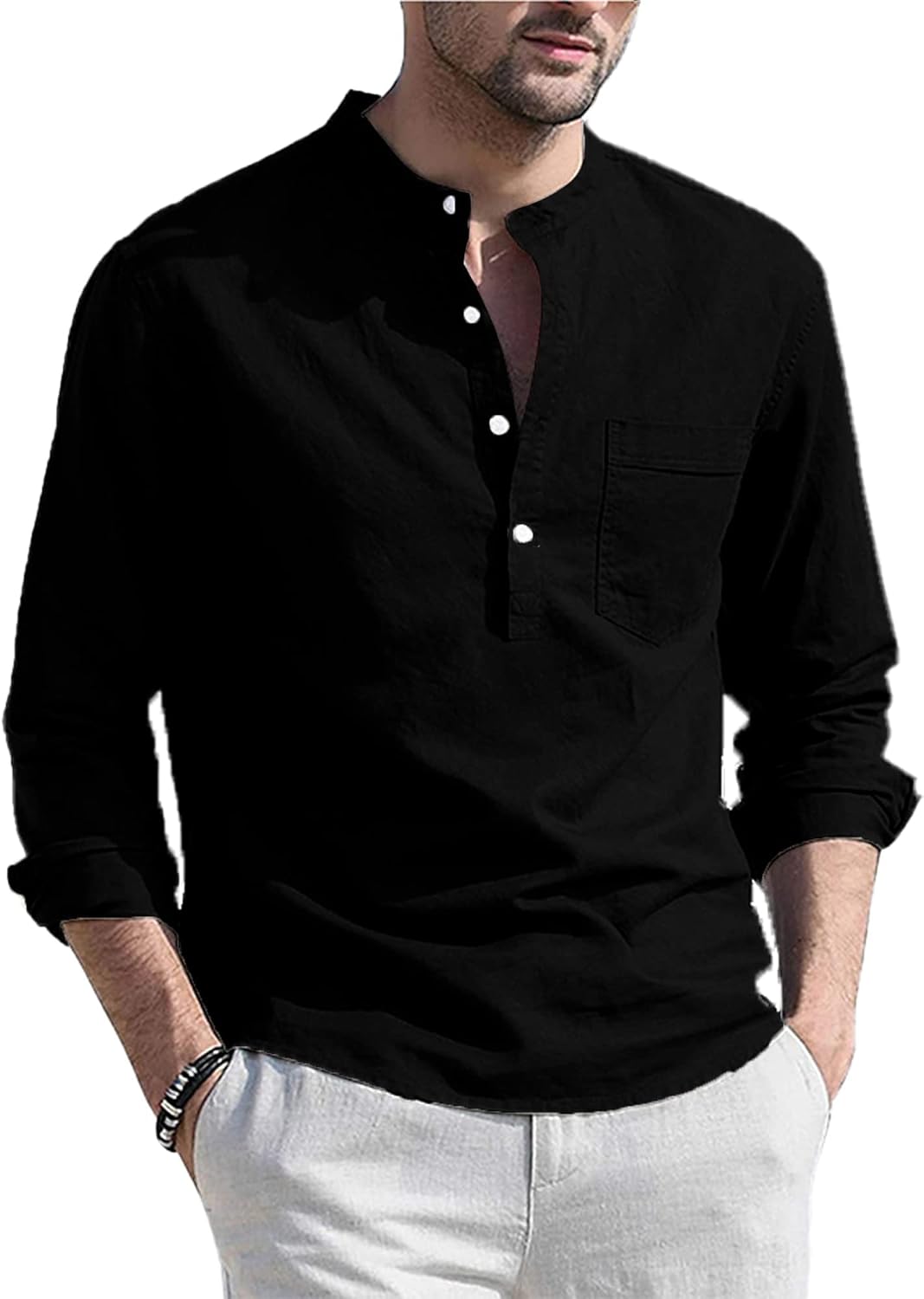Jacansi Men's Linen Henley Shirts Long Sleeve Hippie Casual Beach T ...