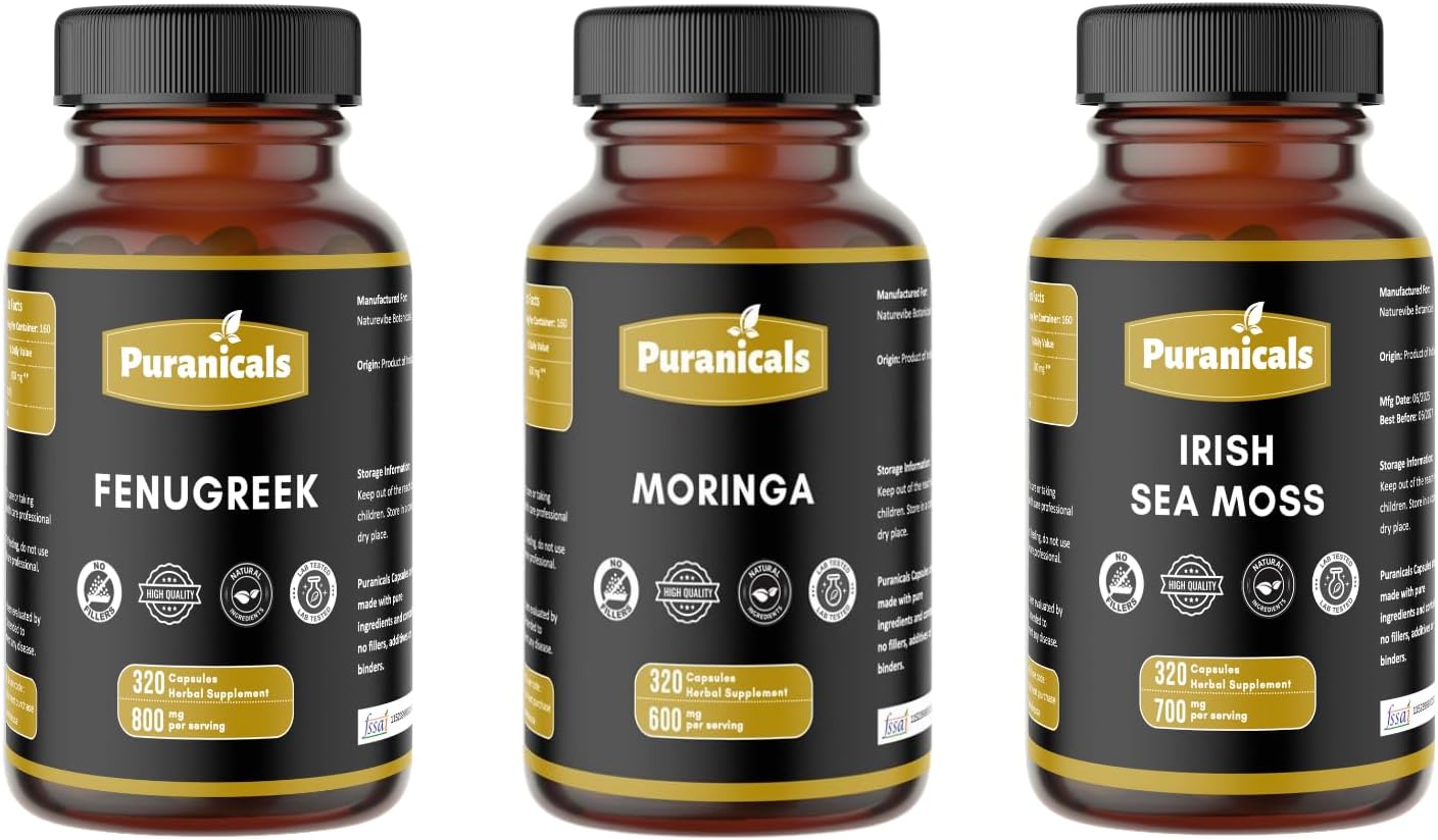 Fenugreek, Moringa & Irish Sea Moss 320 Capsules Each – Botanical Capsule Variety Pack | Easy Daily Use | Non-GMO Ingredients, No Artificial Colors | Capsules Combo Pack