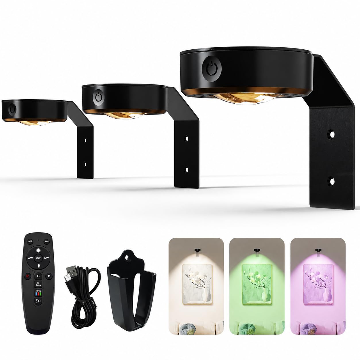 Starxing Kabellose Bildleuchte 3Pack, 2000mAh Wiederaufladbare Bilderleuchten, 16 RGB LED Licht Dimmbar, Dart Lampe Fernbedienung für Wanddekoration (Schwarz)