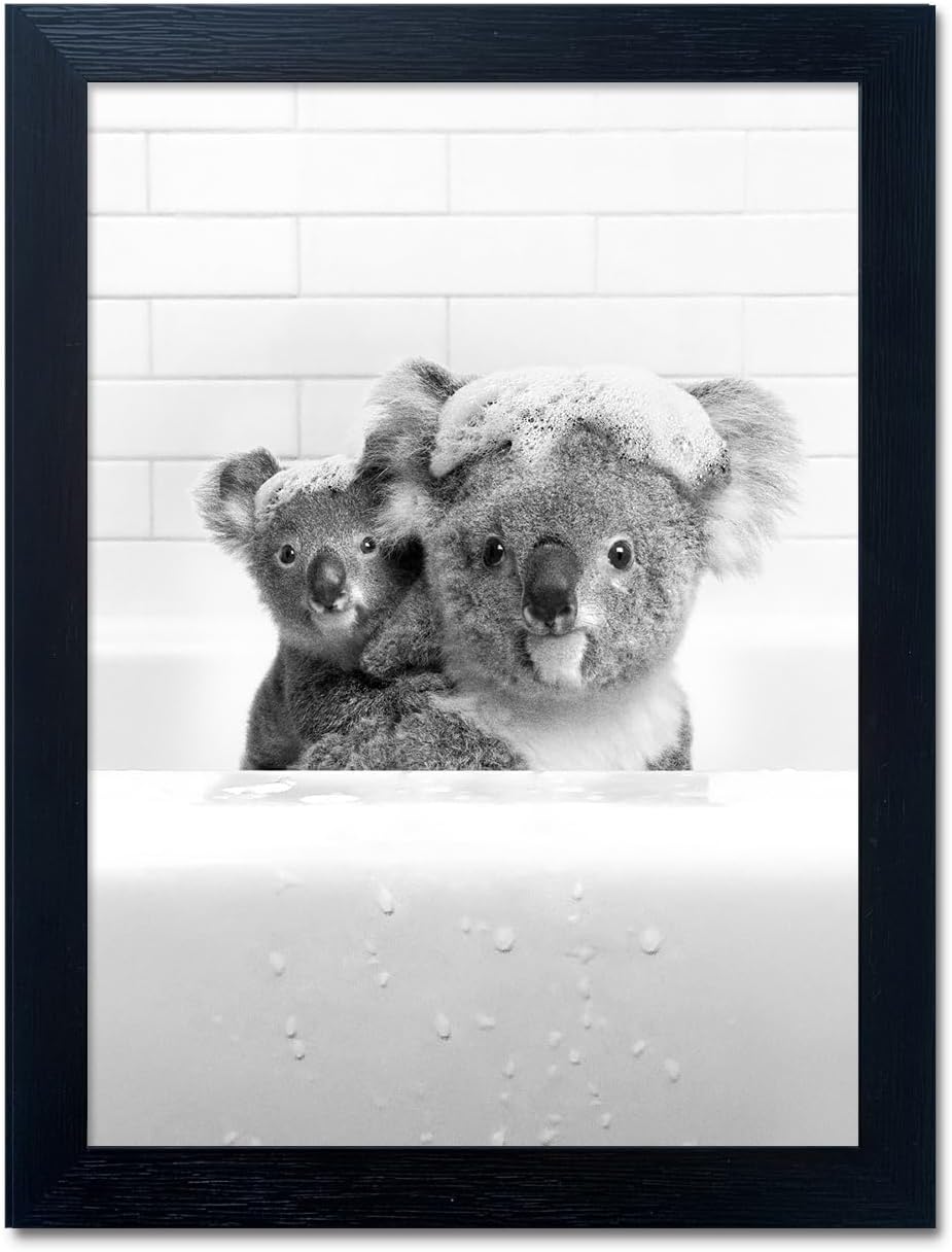 Black and White Bathroom Decor Animals Koalas Wall Art Funny Animal Pictures Artwork for Kids Room Take Bath in Bathtub Canvas Prints Nursery Decoration Poster