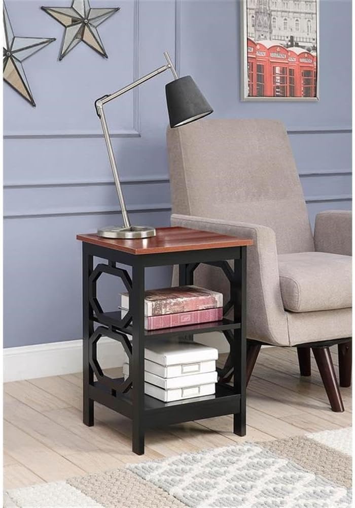 Pemberly Row Modern End Table, 15.75L x 15.75W x 23.75H, Cherry and Black Wood Finish, Two Shelves for Storage, Octagon Side Cut-Outs, Durable Accent Table for Living Room Display or Decor Use