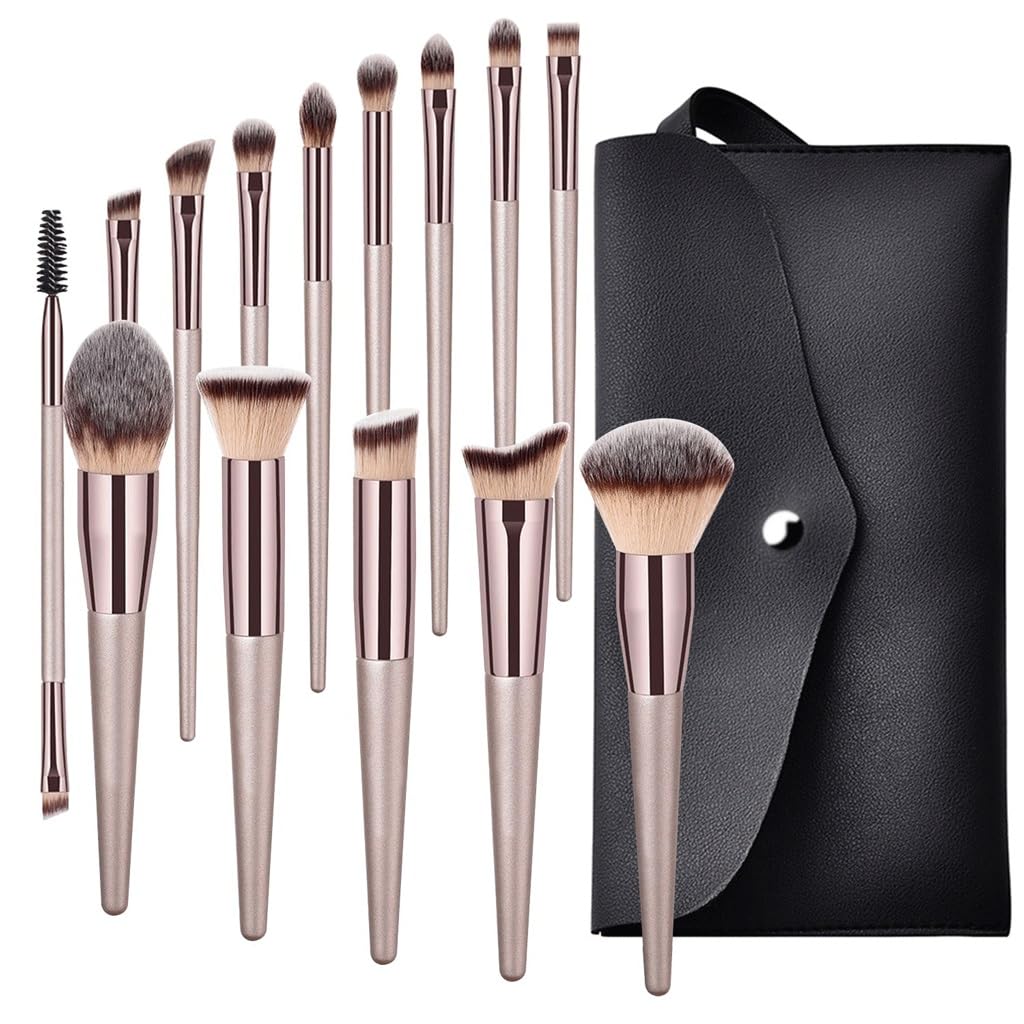 14 Pennelli for Trucco con Manico in Legno Color Oro Champagne, Set di Pennelli for Ombretti for Fondotinta E Strumenti di Bellezza