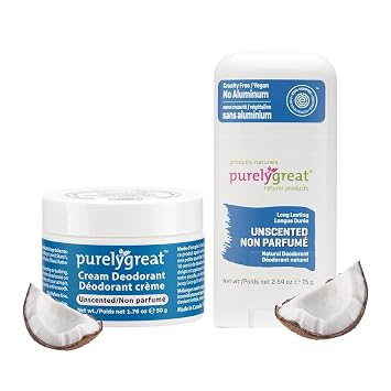 Purelygreat Deodorant Bundle | Unscented Cream & Stick, Aluminum-Free, Vegan Natural Deodorant for Women & Men