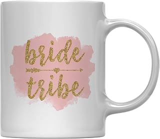 Andaz Press 11oz. Wedding Bridal Shower Coffee Mug Gift, Bride Tribe, Pink Watercolor Faux Gold Glitter, 1-Pack, Birthday Present Ideas for Her