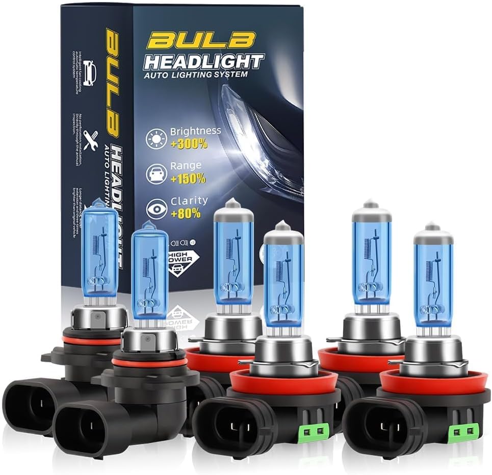 Halogen Headlight Bulbs Compatible for 2007 2008 2009 2010 2011 2012 2013 2014 2015 2016 2017 2018 Nissan Altima, H9 High & H11 Low Beam& H11 Fog Lights Combo, 6000k White, 300% Brightness, 6-Pack