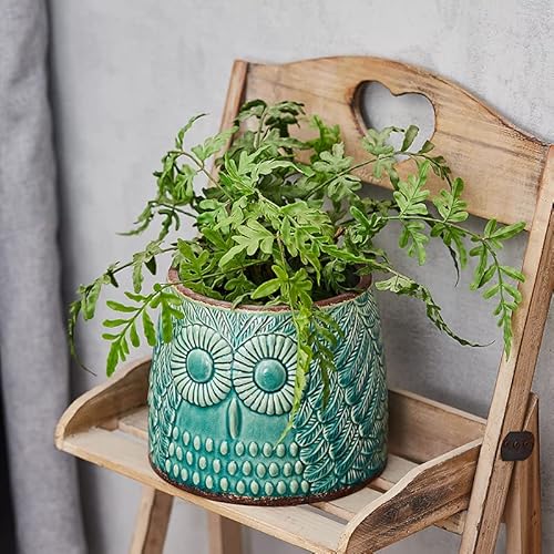 Planters For Indoor Plants, 6 Inch Glazed Vintage Ceramic Pots For Plants Unique Owl Shape Design Relief Ice Cracked Clay Pots For Plants With Drainage Hole For Garden Home Windowsill( 6 Inch-Yellow) #TOP5