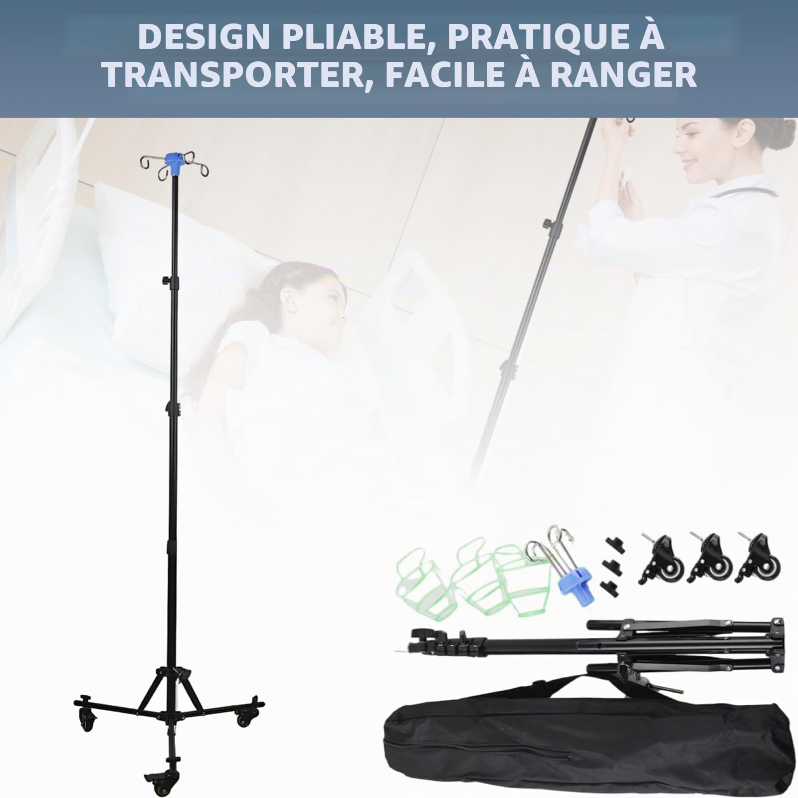 Support de Perche Intraveineuse Pliable, Support D'infusion IV Télescopique, Hauteur Réglable 90 cm à 190 cm, Poteau IV avec 4 Crochets et Trépied Stable, pour Hôpital et Soins à Domicile (avec roues)