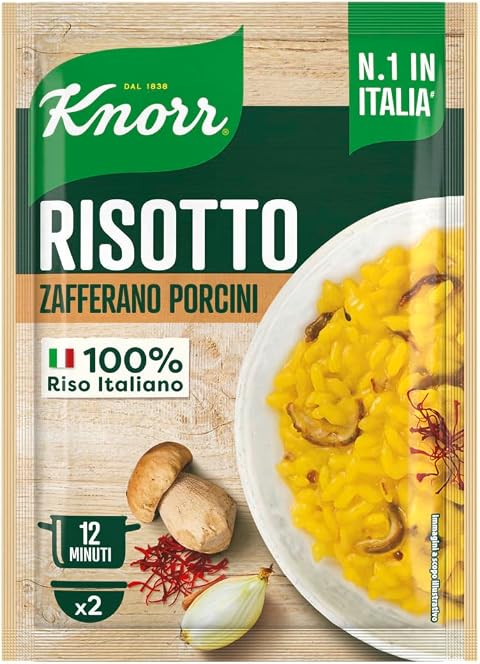 Knorr Risotto con Zafferano e Funghi Porcini, Risotto Pronto con Ingredienti Naturali, 100% Riso Italiano e Chicci al Dente, Preparazione in Pentola o al Microonde, 175g, 2 Porzioni