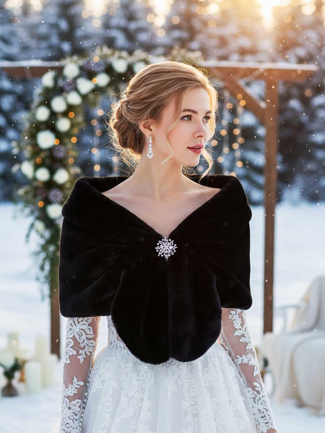 Unicra Wedding Fur Wraps and Shawls Faux Fox Fur Stoles Winter Cover Up with Rhinestones Brooch for Women and Girls - Image 2