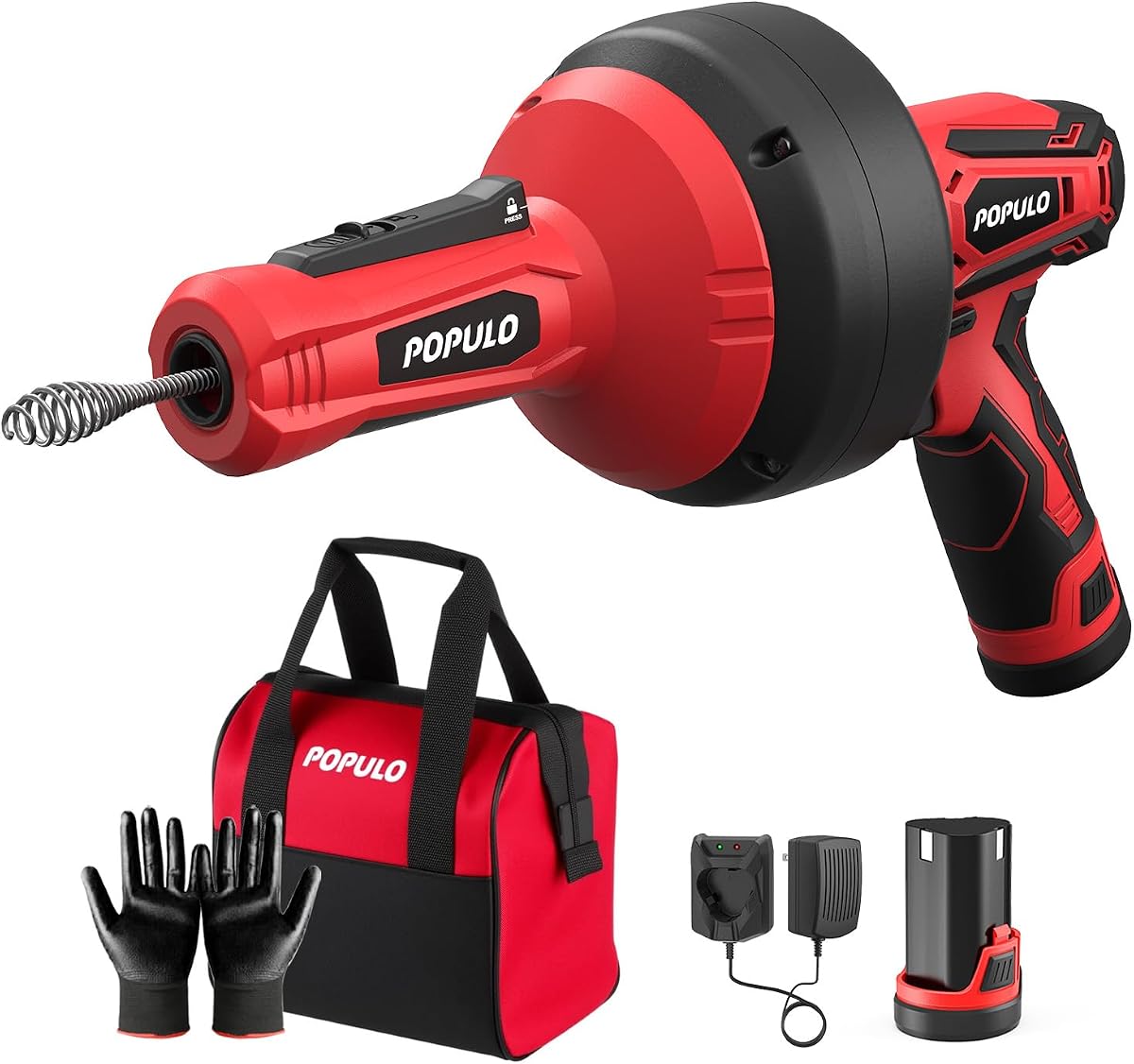 12V Cordless Electric Drain Auger, Auto-Feed Plumbing Snake with 16.8Ft Cable, Power Drain Cleaner Tool for 3/4" to 2" Pipes, Includes Battery & Storage Bag (for Kitchen, Bathtub, Shower Sinks)