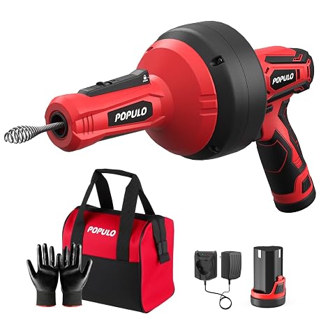 POPULO 12V Cordless Electric Drain Auger, Auto Feed Plumbing Snake Drain for Unclog Sink Drain 3/4"-2" Pipe, 16.8 FT Snake Hair Drain Clog Remover Cleaner Tools for Shower, Kitchen, Bathtub, Sink