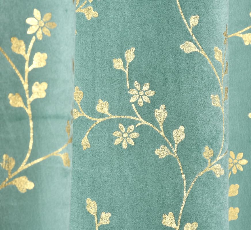 Image of Heavy Velvet Fabric Luxury Looks Room Darkening Floral Designer Curtains 6 Feet for Window, Aqua Island, Pack of 2 Pieces