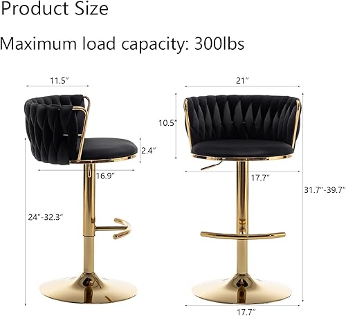 Miniatura 3 de Juego de 2 taburetes de bar de terciopelo, taburetes de bar con respaldo bajo, taburetes de bar giratorios dorados para isla de cocina, bar pub