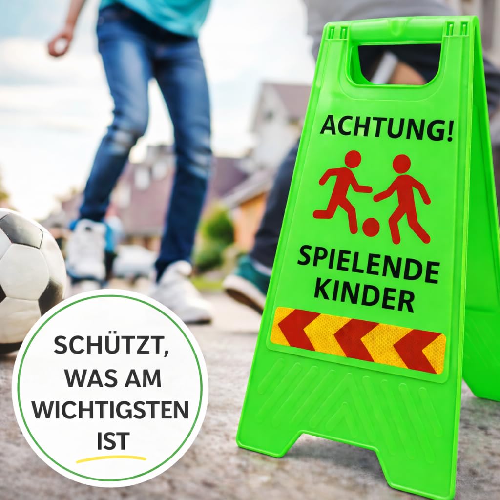 Friendly Fox 2 Stück Warnschilder Achtung spielende Kinder, 60 x 30 cm | Sicherheitsschild, Vorsicht Kinder Schild, klappbarer Aufsteller mit Reflektorstreifen