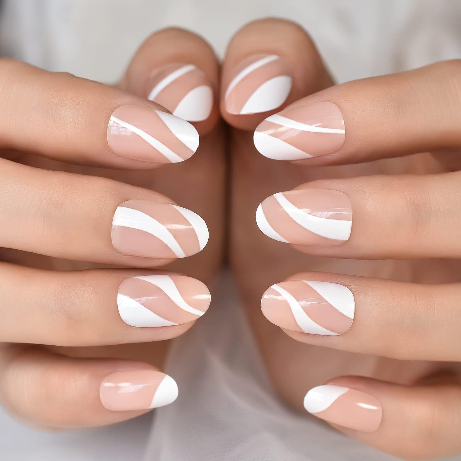 Affordable Reusable Press On Nails - Oval Round False Lady Nail Art Tips Short, Grace Designed Tips for Daily Wear, 24pcs 12 Size Beige White