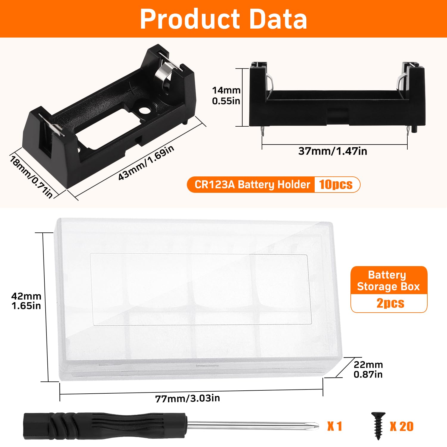 Lot 10 Supports Batterie CR123A 3V Avec Broches + 2 Boîtes Rangement, Vis & Tournevis - Pour DIY Électronique