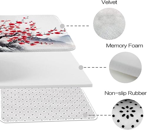 Miniatura 7 de Alfombra de baño floral con ramas de flor de ciruelo, terciopelo coral, tapete de ducha antideslizante para baño, árbol de flores, juegos de