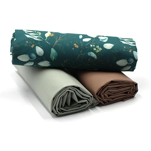VmG-Store 1.5 m Cotton Fabric Set Design Fabric + 2 x Plain Colour Coordinated 100% Cotton Material Selection (Eucalyptus Dark Green Set07)