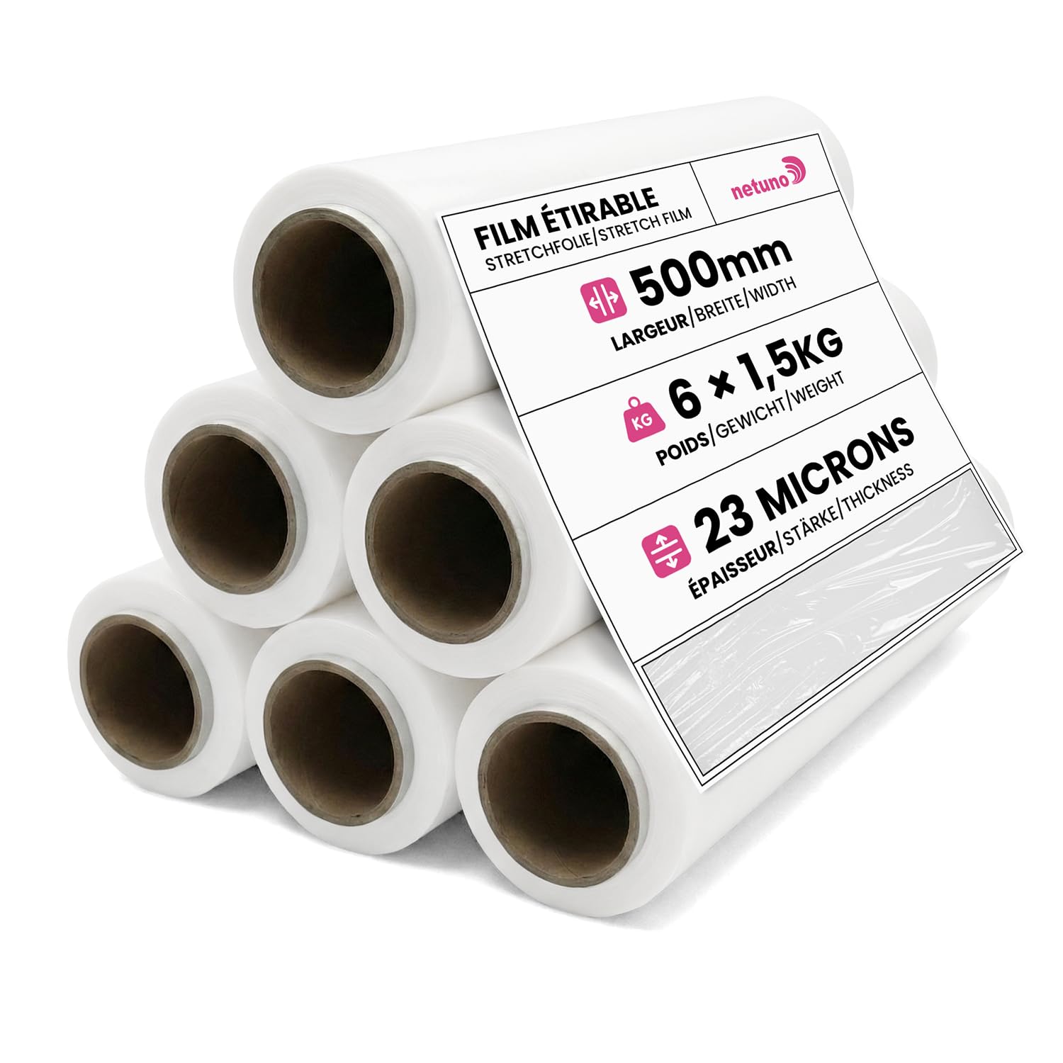 Netuno 6x rotolo pellicola elastica bianca 23 my 500 mm 1,5 kg film stretch di imballaggio rotolo di avvolgimento in plastica pellicola estensibile film di pallet resistente protettivo estensibile