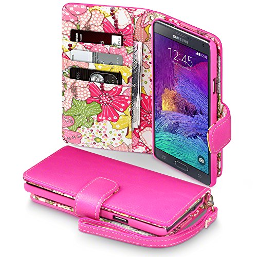 Samsung Galaxy Note 4 Case, Terrapin [Pink] [Lily Floral Interior] Textured PU Leather Wallet Case with Card Slots Cash Compartment and Detachable Wrist Strap for Samsung Galaxy Note 4 - Pink