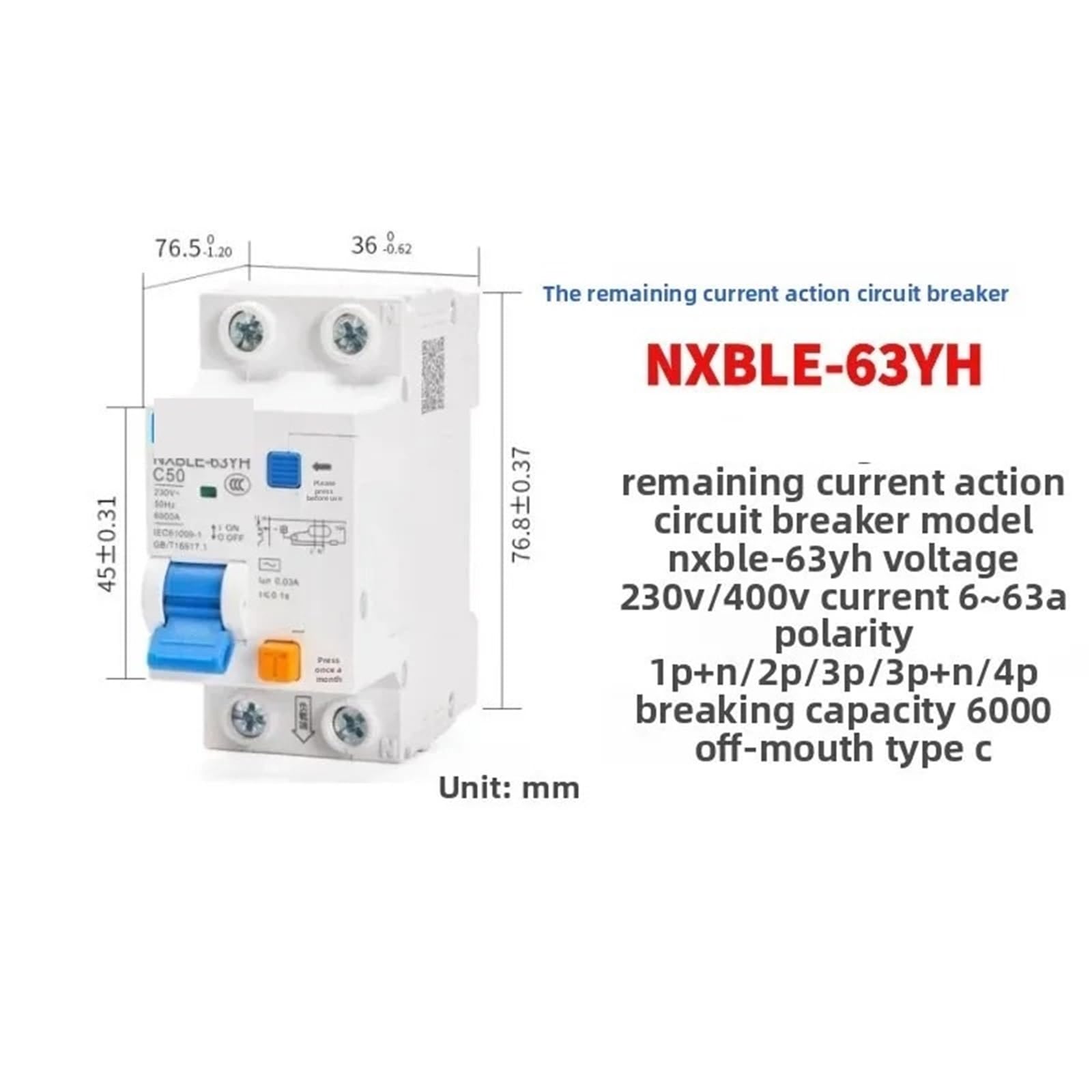 Wyłącznik różnicowoprądowy, 1 sztuka, 30mA 16A 20A 25A 32A 40A 63A 1PN NXBLE-63YH NXBLE-63Y (NXBLE-63Y 1PN 30MA,40A)