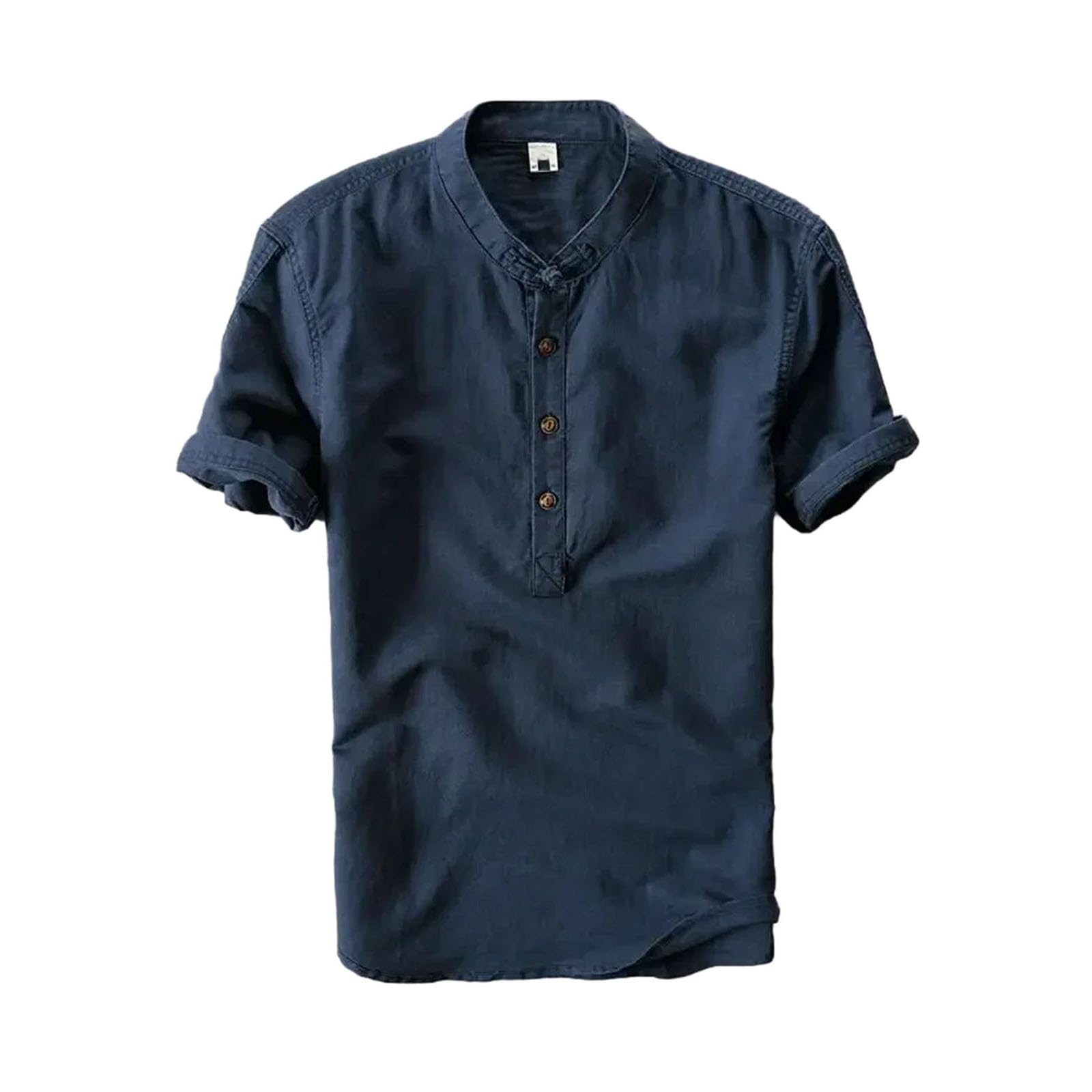 Camiseta de manga corta para hombre, cuello mandarín, algodón, lino, ajuste delgado, transpirable, informal, para uso diario