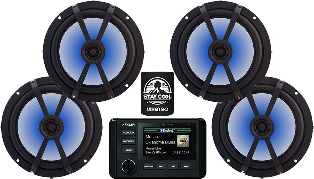 KICKER Marine Receiver and Speakers Package of 5 Items - in-Dash KM Series Digital Media Receiver & Four 6-1/2" KM Series 2-Way LED Speakers - Stereo Kit - 51KMC4 Receiver & 4X 45BKM614L Speakers