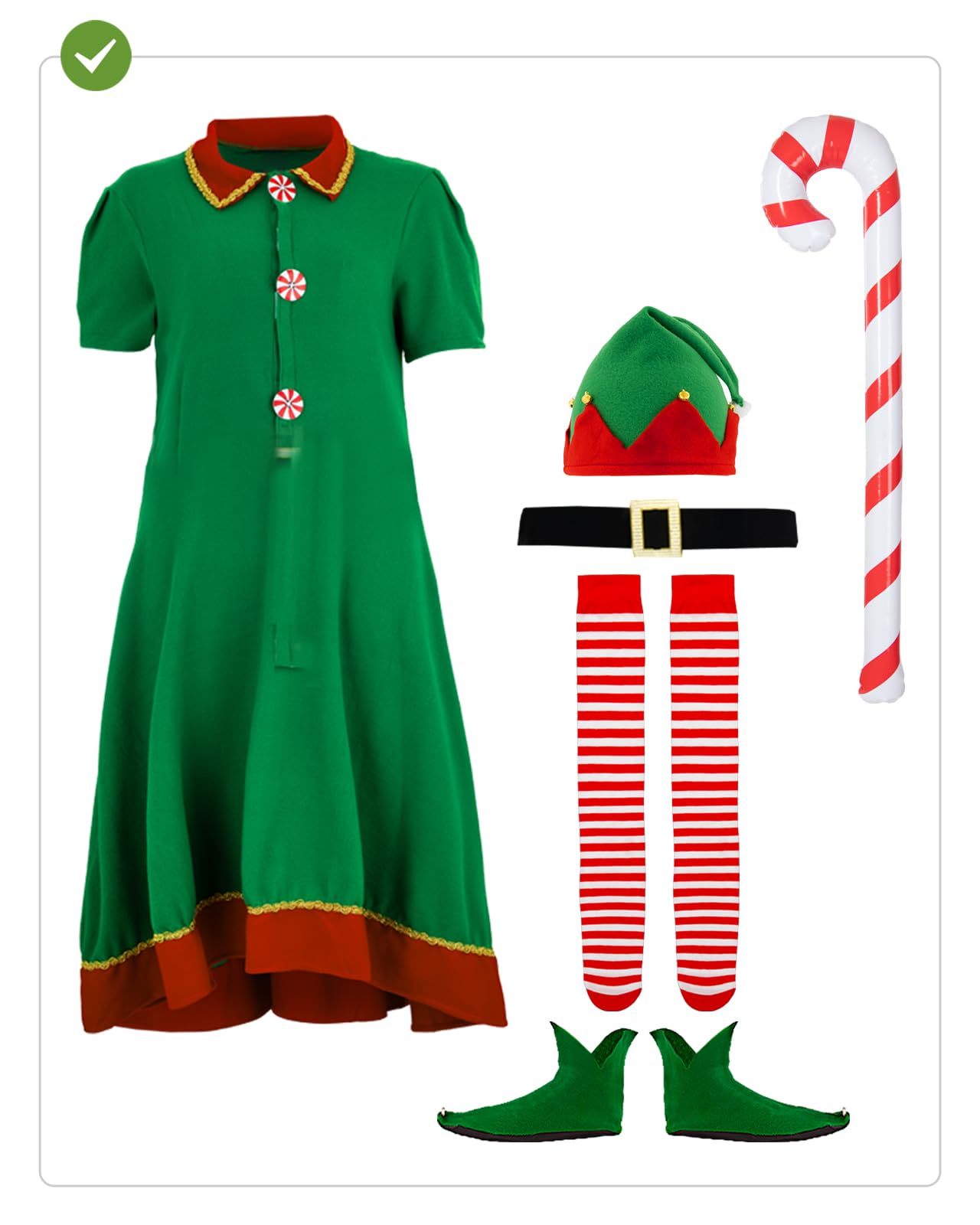 Funidelia Disfraz de elfa con accesorios para mujer, Navidad, Incluye vestido, cinturón, gorro, zapatos, medias y bastón hinchable - Traje para adultos para fiestas, Carnaval y Halloween, Talla XXL