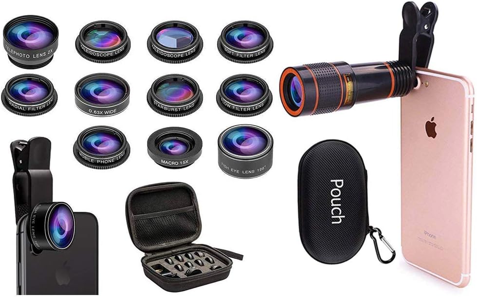 SEVENKA Lens Kit Bundle, Includes 12X Zoom Lens + 0.63X Wide Angle+15X Macro+ 198°Fisheye+Telephoto+CPL/Flow/Radial/Star/Soft Filter+Kaleidoscope Lens