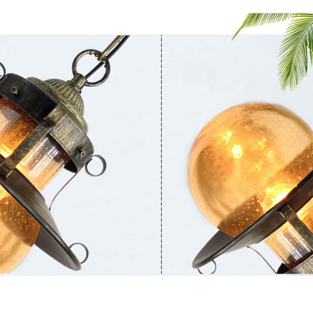Zewnętrzna lampa wisząca, oprawa ganek z malowanego brązowego metalu z bursztynową szklaną kulą, zewnętrzna wisząca latarnia z uchwytem E27 do altany, wejścia, podwórka