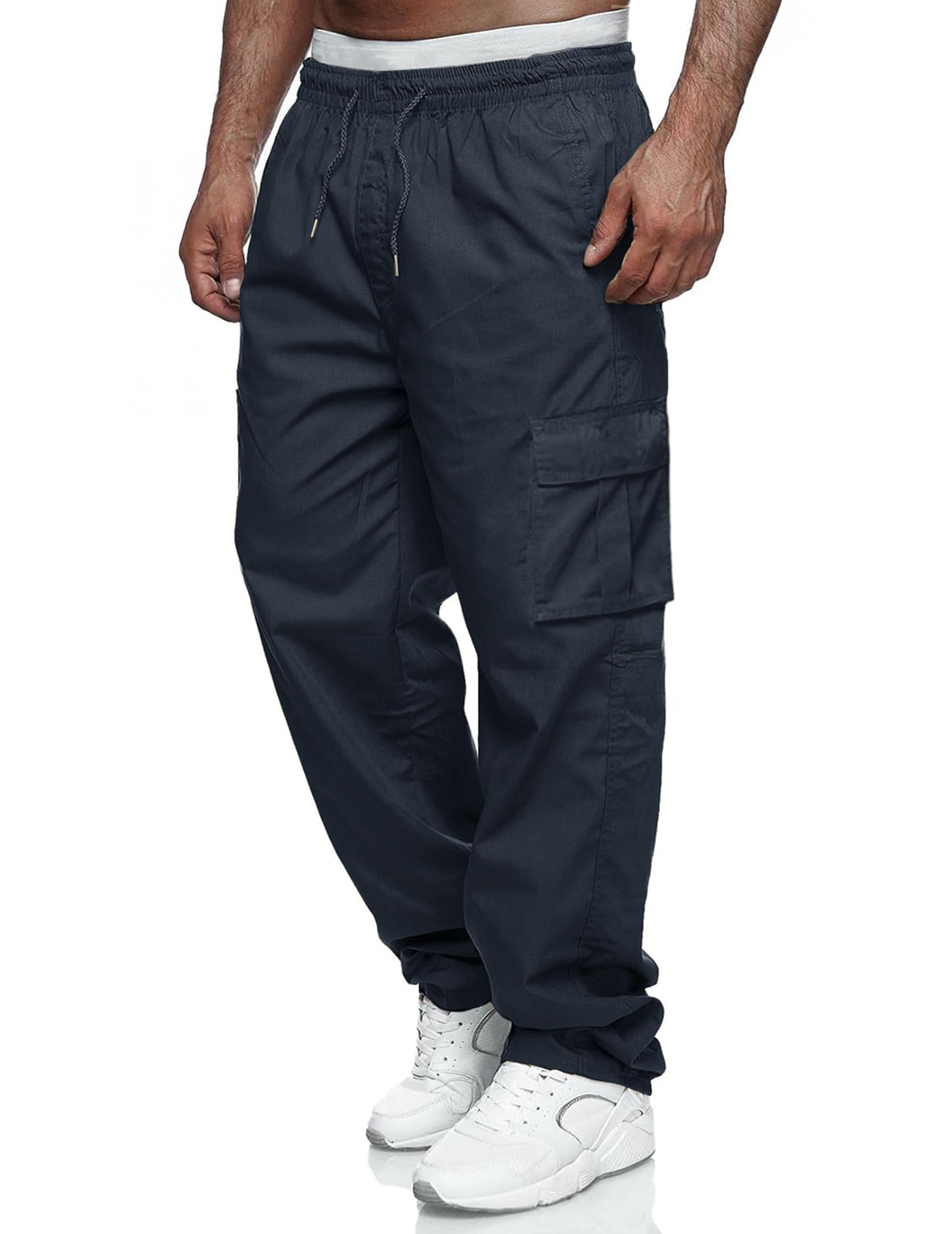 – Mens Casual Cargo Trousers Workout Joggers Stretch Sweatpants Hiking Drawstring Tactical Trousers with Multi Pockets