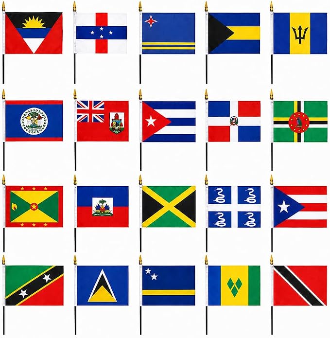 Set of 20 Caribbean Countries Desk Table Stick Flags 4x6 in